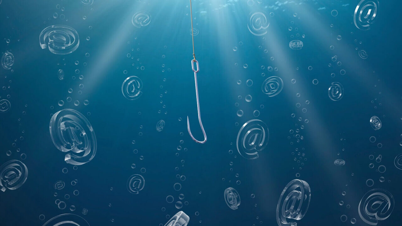 underwater scene of a phishing hook trying to catch